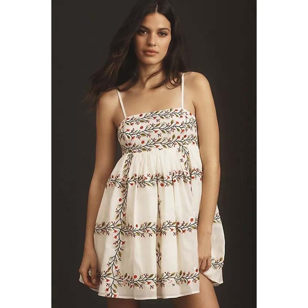 Samant Chauhan Square Neck Floral Embroidered Mini Dress White Boho Medium